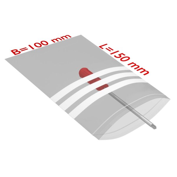 PE-Druckverschlussbeutel mit Beschriftungsfeld, transparent, 50 µ | 100 x 150 mm (Offene Seite x L) | VE = 1000 Stk.