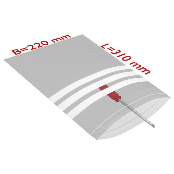 PE-Druckverschlussbeutel mit Beschriftungsfeld, transparent, 50 µ | 220 x 310 mm (Offene Seite x L) | VE = 1000 Stk.
