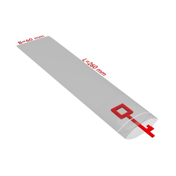 PE-Druckverschlussbeutel, transparent, 50 µ | 60 x 260 mm (Offene Seite x L) | VE = 2000 Stk.