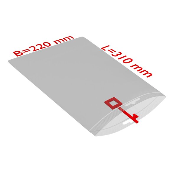 PE-Druckverschlussbeutel mit Eurolochung, transparent, 50 µ | 220 x 310 mm (Offene Seite x L) | VE = 1000 Stk.