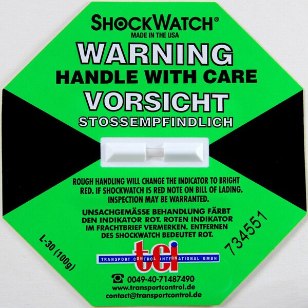 Shockindikator Shockwatch grün 100 g / 50 ms , inklusive Warnaufkleber! (VE=50)