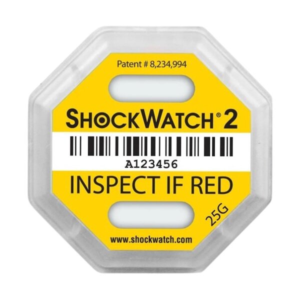 Stoßindikator Shockwatch 2, 25 G gelb, 79SW25, inklusive Warnaufkleber! (VE=50)
