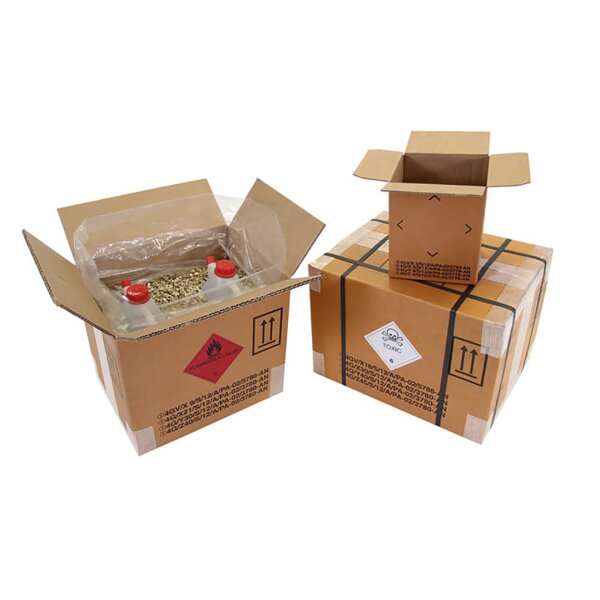 Gefahrgutkarton 2-wellig, braun, Inhalt 28 l, Qual. 2.91 | 360 x 260 x 300 mm (L x B x H) Innenmaß | VE = 10 Stk.