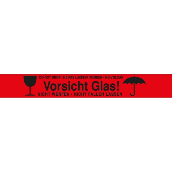 PP-Warnklebeband, rot, "Vorsicht Glas", 52 µ | 50 mm x 66 lfm. | VE = 12 Stk.