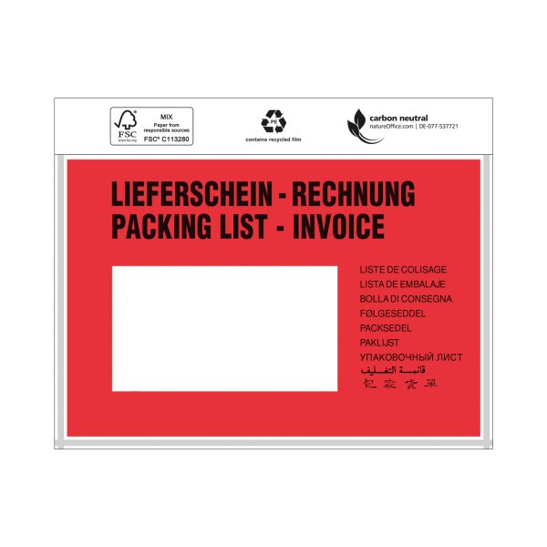 Dokumententasche Standard, "Lieferschein/Rechnung", DIN C6 | 175 x 118 mm (Offene Seite x L) | VE = 1000 Stk.