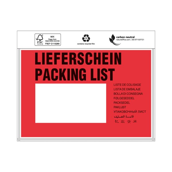Dokumententaschen, 175 x 118 mm, DIN C6, mit Druck "Lieferschein", 1.000 Stk. pro Karton