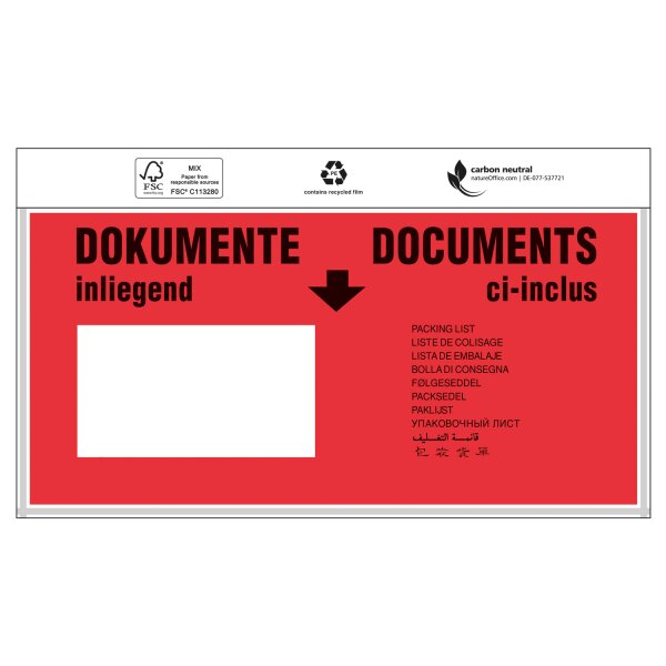 Dokumententaschen, 240 x 110 mm, DIN-lang, mit Druck "Dokumente", 1.000 Stk. / Krt.