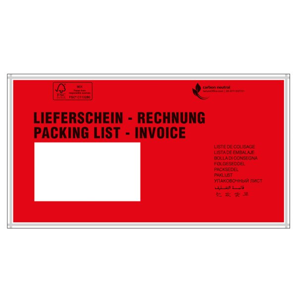 Dokumententasche Economy, "Lieferschein/Rechnung", DIN lang | 240 x 131 mm (Offene Seite x L) | VE = 1000 Stk.